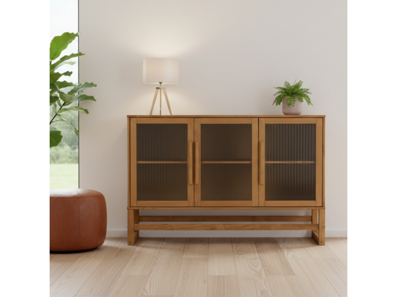 BALCÃO com vidro canelado em cera com toque acetinado natural DE MADEIRA MACIÇA com 3 PORTAS e prateleira interna / coleção Acapulco